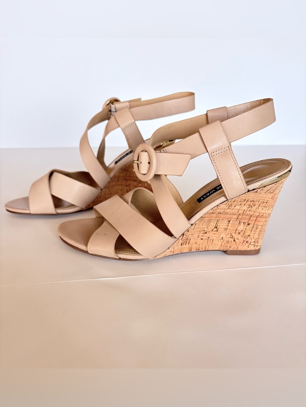 Beige Cork Wedge Sandals - Women's Strappy Ankle Strap Heels, Size 9